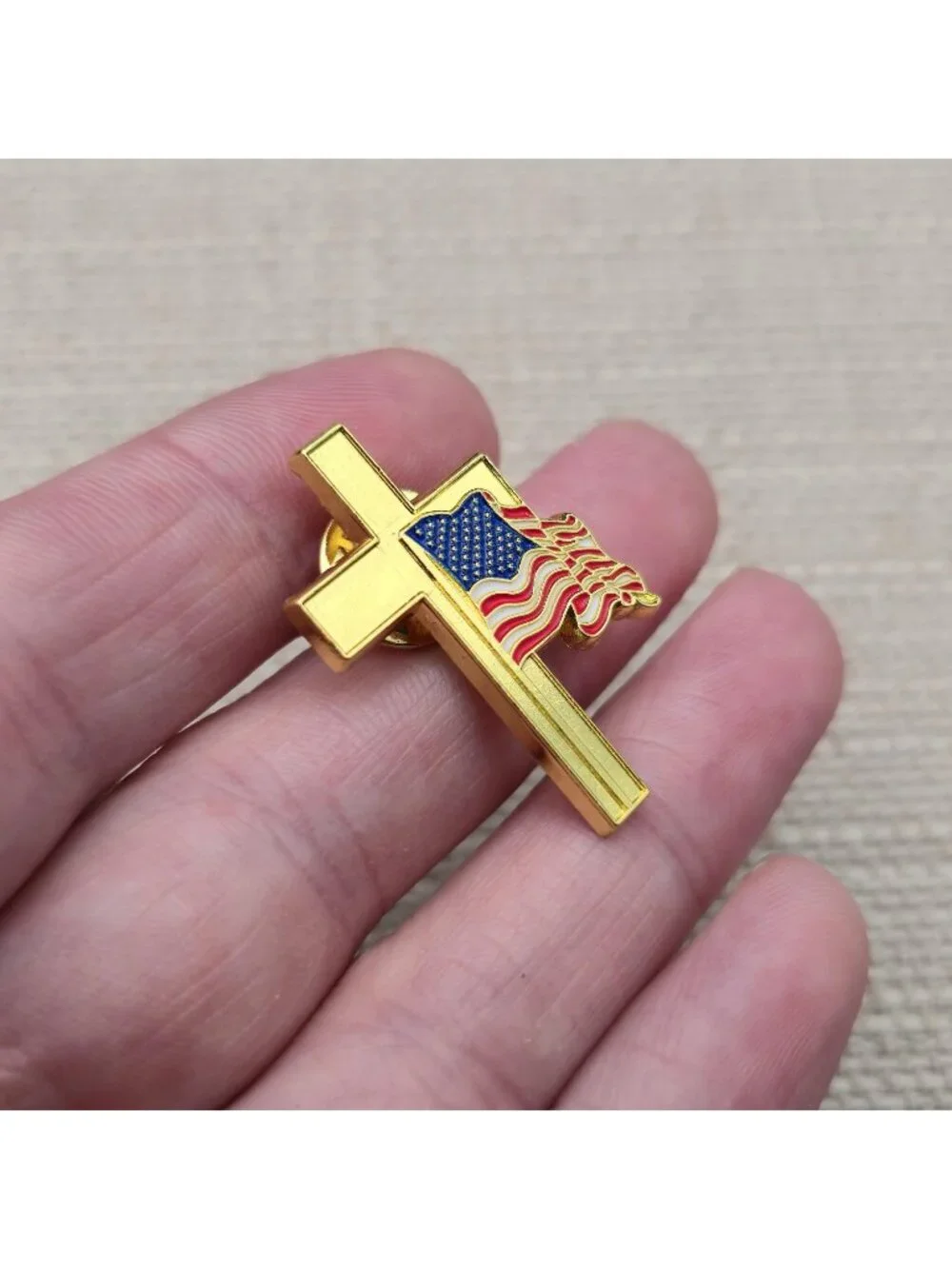 Christian Cross with Waving American Flag Patriotic Lapel Pin A8457